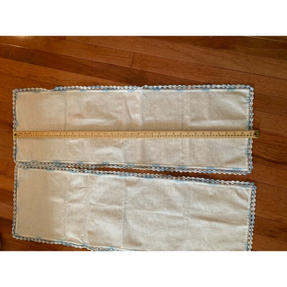 Vintage Linen Table Runners with Blue Crochet Trim 36x12 - Picture 3 of 6